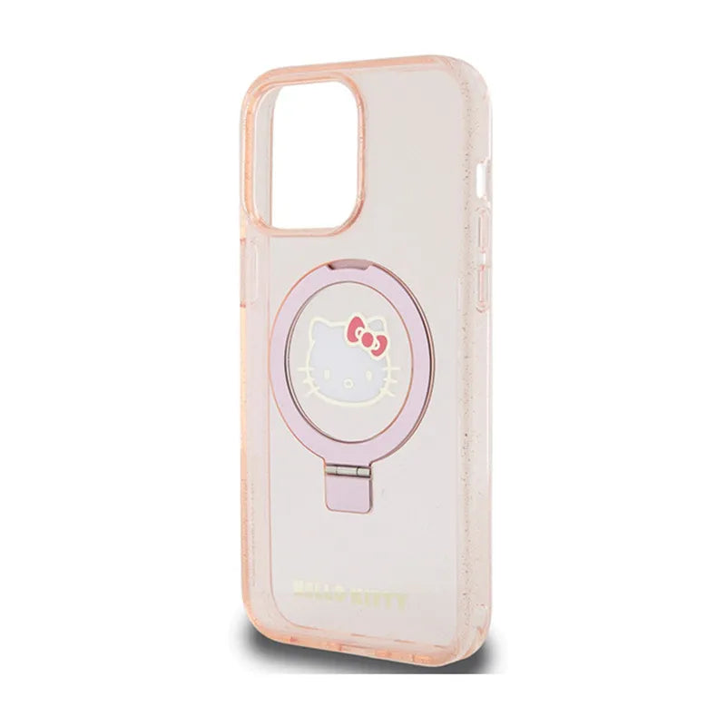 Hello Kitty žiedinis stovas su blizgučiais ir Electrop logotipu, skirtas MagSafe – dėklas iPhone 15 Pro Max (rožinis)