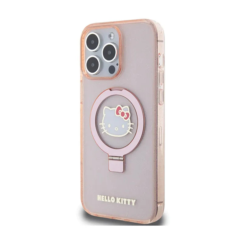 Hello Kitty žiedinis stovas su blizgučiais ir Electrop logotipu, skirtas MagSafe – dėklas iPhone 15 Pro Max (rožinis)