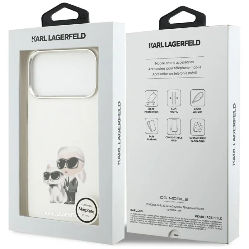 IML akvarelė Karl & Choupette & Logotipas MagSafe dėklas iPhone 17 Pro Max (baltas) - Karl Lagerfeld