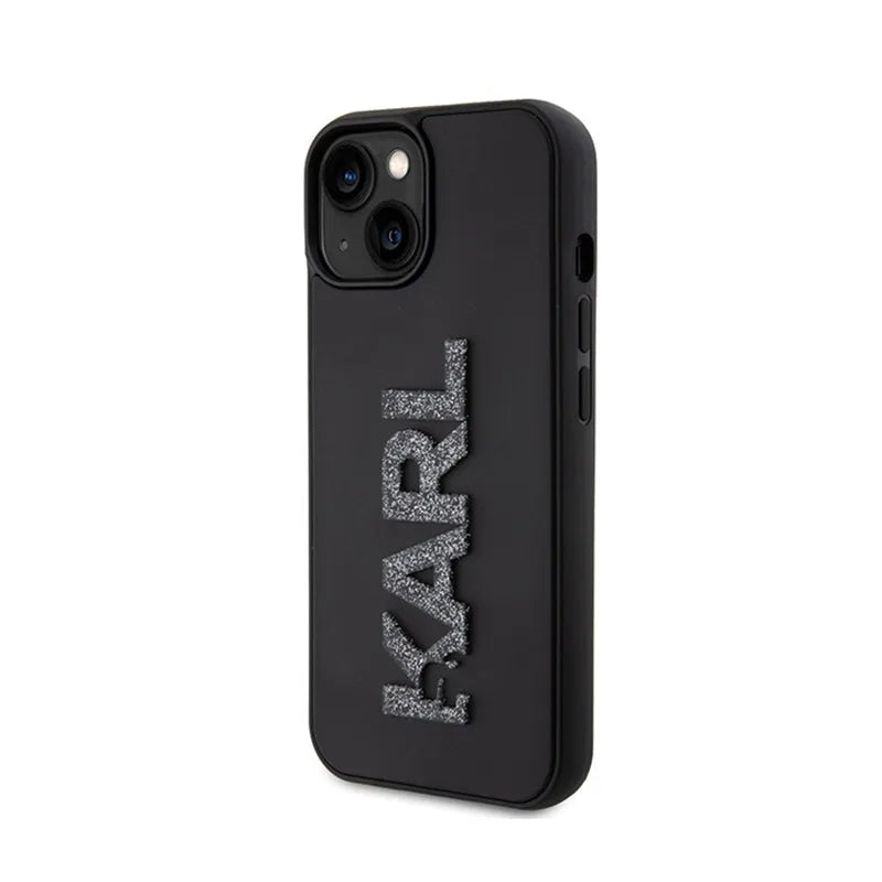 Karl Lagerfeld 3D guminis blizgučių logotipas – dėklas, skirtas iPhone 15 (juodas)