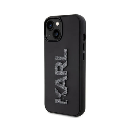 Karl Lagerfeld 3D guminis blizgučių logotipas – dėklas, skirtas iPhone 15 (juodas)