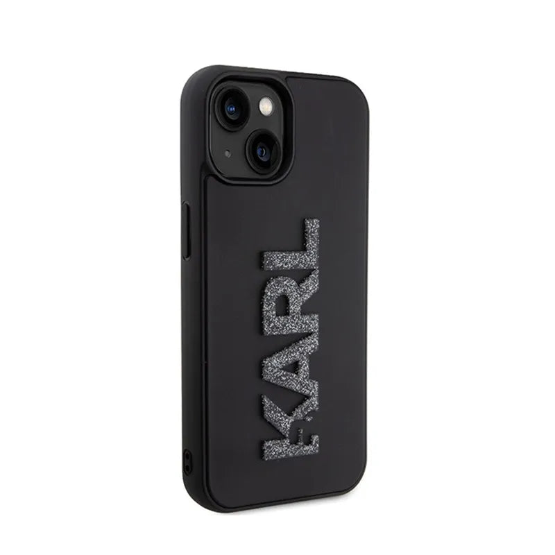 Karl Lagerfeld 3D guminis blizgučių logotipas – dėklas, skirtas iPhone 15 (juodas)