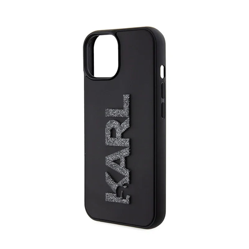 Karl Lagerfeld 3D guminis blizgučių logotipas – dėklas, skirtas iPhone 15 (juodas)