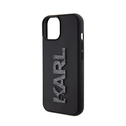 Karl Lagerfeld 3D guminis blizgučių logotipas – dėklas, skirtas iPhone 15 (juodas)