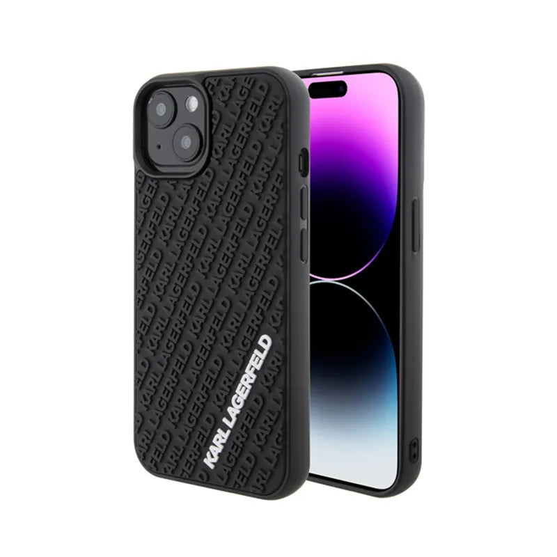 Karl Lagerfeld 3D guminis daugybės logotipų dėklas – dėklas skirtas iPhone 15 (juodas)