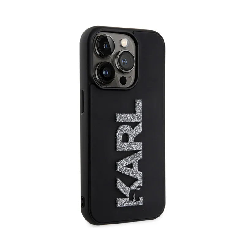 Karl Lagerfeld 3D guminis logotipas su blizgučiais – dėklas skirtas iPhone 15 Pro (juodas)