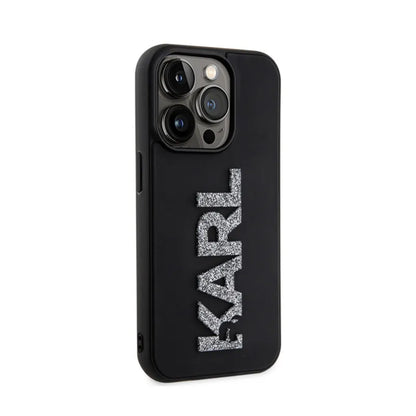 Karl Lagerfeld 3D guminis logotipas su blizgučiais – dėklas skirtas iPhone 15 Pro (juodas)