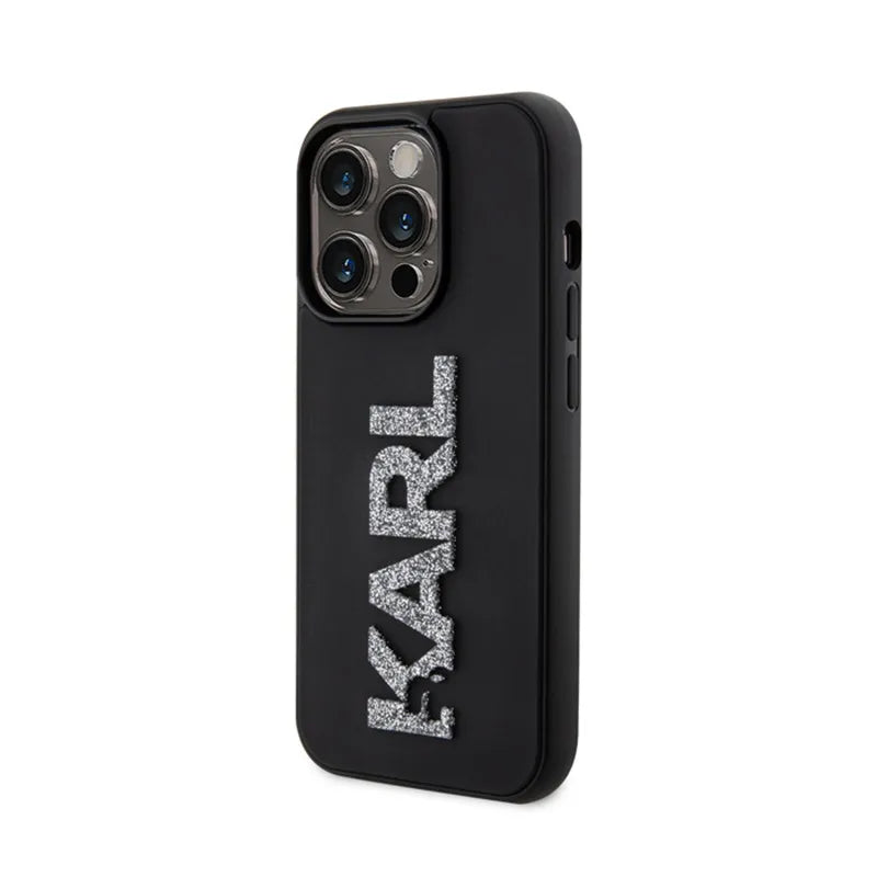 Karl Lagerfeld 3D guminis logotipas su blizgučiais – dėklas skirtas iPhone 15 Pro (juodas)