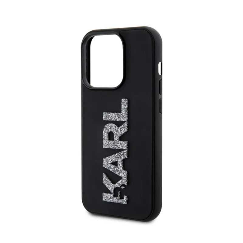 Karl Lagerfeld 3D guminis logotipas su blizgučiais – dėklas skirtas iPhone 15 Pro (juodas)
