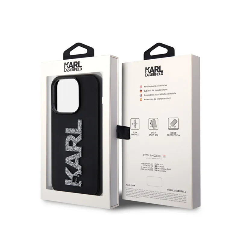 Karl Lagerfeld 3D guminis logotipas su blizgučiais – dėklas skirtas iPhone 15 Pro (juodas)