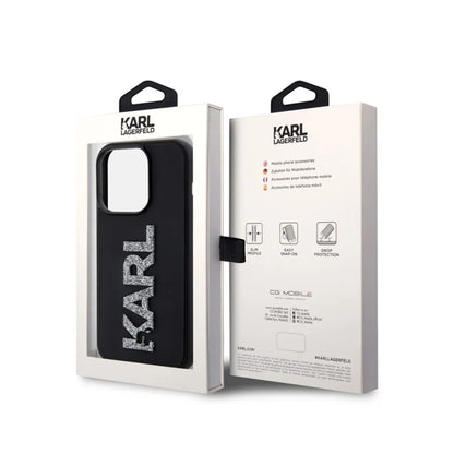 Karl Lagerfeld 3D guminis logotipas su blizgučiais – dėklas skirtas iPhone 15 Pro (juodas)