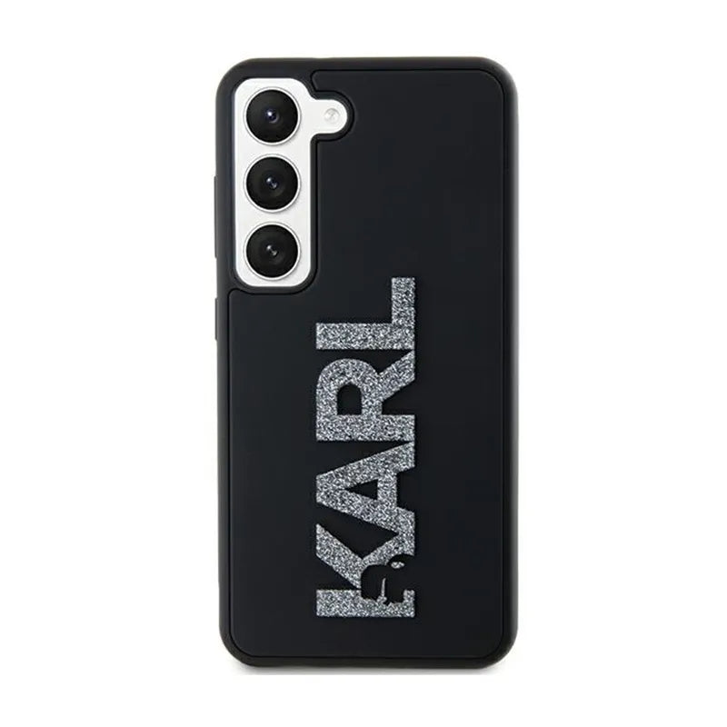 Karl Lagerfeld 3D guminis logotipas su blizgučiais – Samsung Galaxy S23 dėklas (juodas)