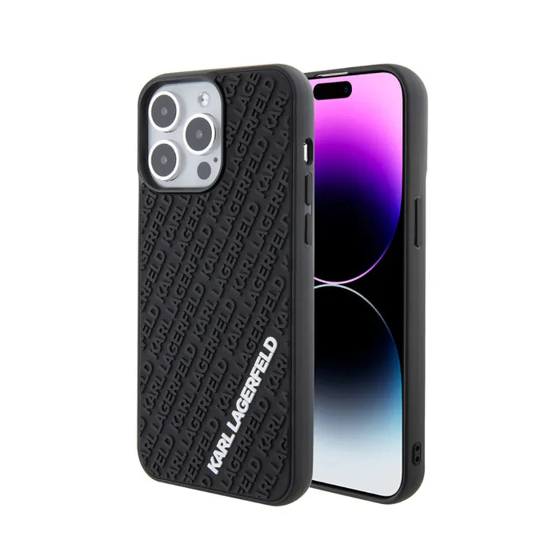 Karl Lagerfeld 3D guminis su kelių logotipų dėklas – dėklas skirtas iPhone 15 Pro Max (juoda)