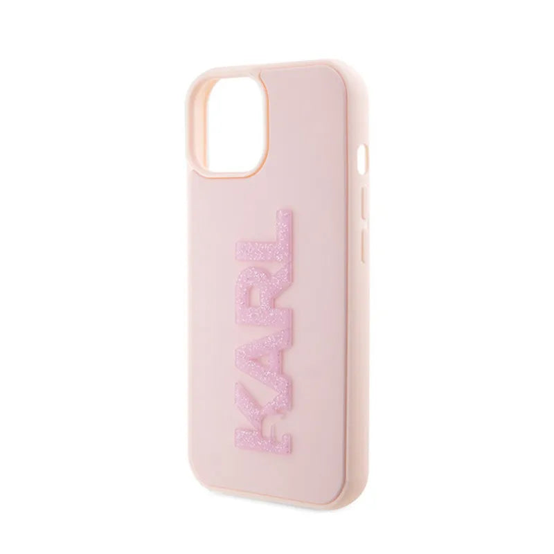 Karl Lagerfeld 3D Rubber Glitter Logo – dėklas iPhone 15 Plus (rožinis)