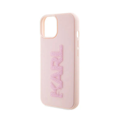 Karl Lagerfeld 3D Rubber Glitter Logo – dėklas iPhone 15 Plus (rožinis)