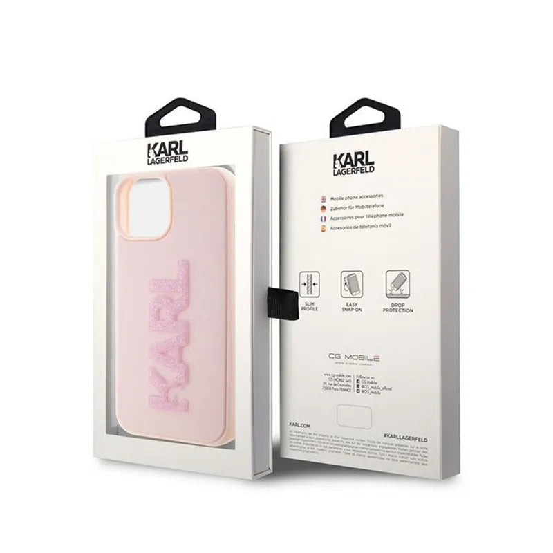 Karl Lagerfeld 3D Rubber Glitter Logo – dėklas iPhone 15 Plus (rožinis)