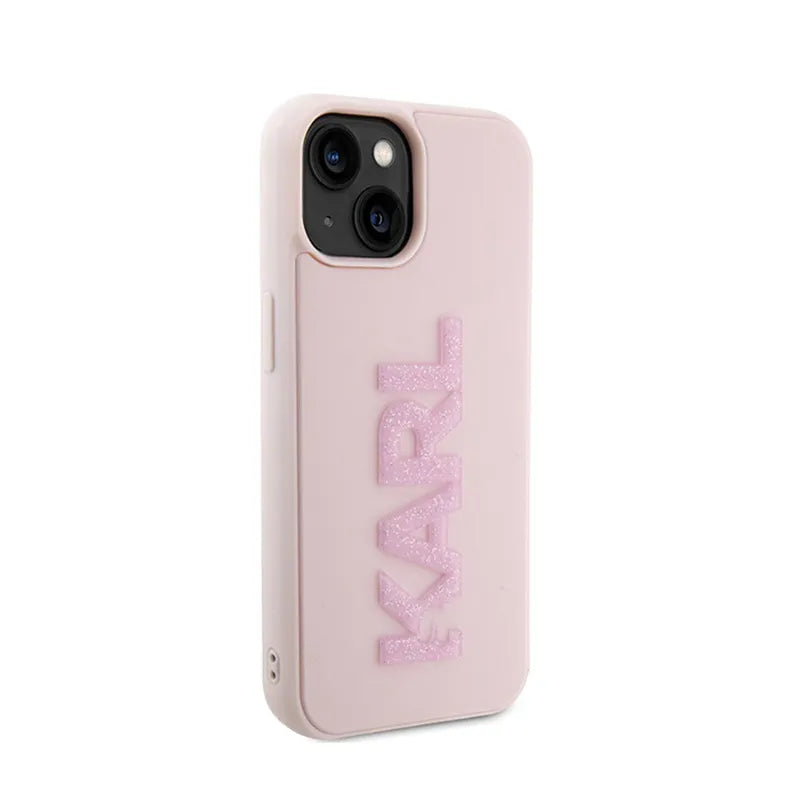 Karl Lagerfeld 3D Rubber Glitter Logo – dėklas iPhone 15 Plus (rožinis)