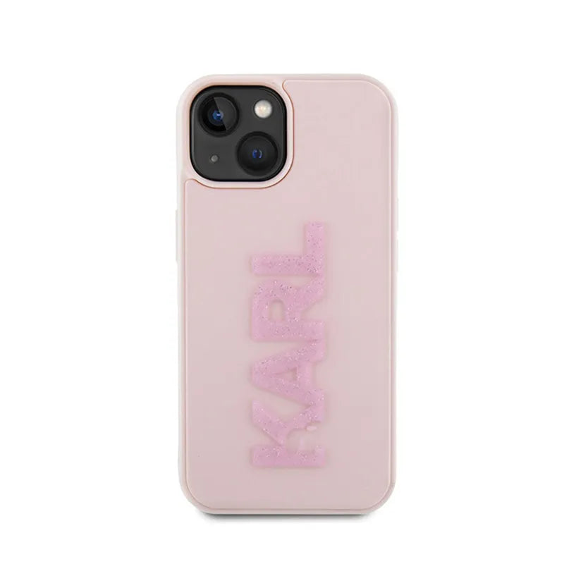 Karl Lagerfeld 3D Rubber Glitter Logo – dėklas iPhone 15 Plus (rožinis)