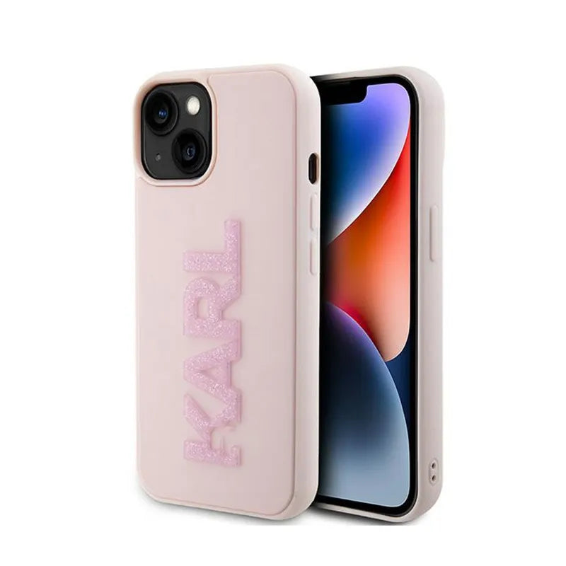 Karl Lagerfeld 3D Rubber Glitter Logo – dėklas iPhone 15 Plus (rožinis)