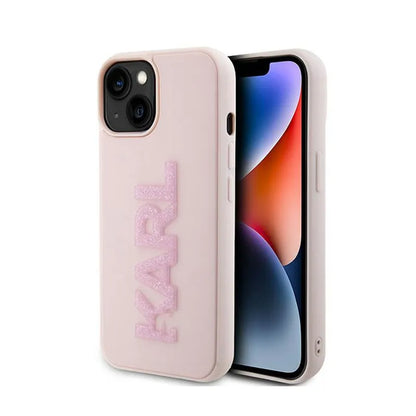 Karl Lagerfeld 3D Rubber Glitter Logo – dėklas iPhone 15 Plus (rožinis)