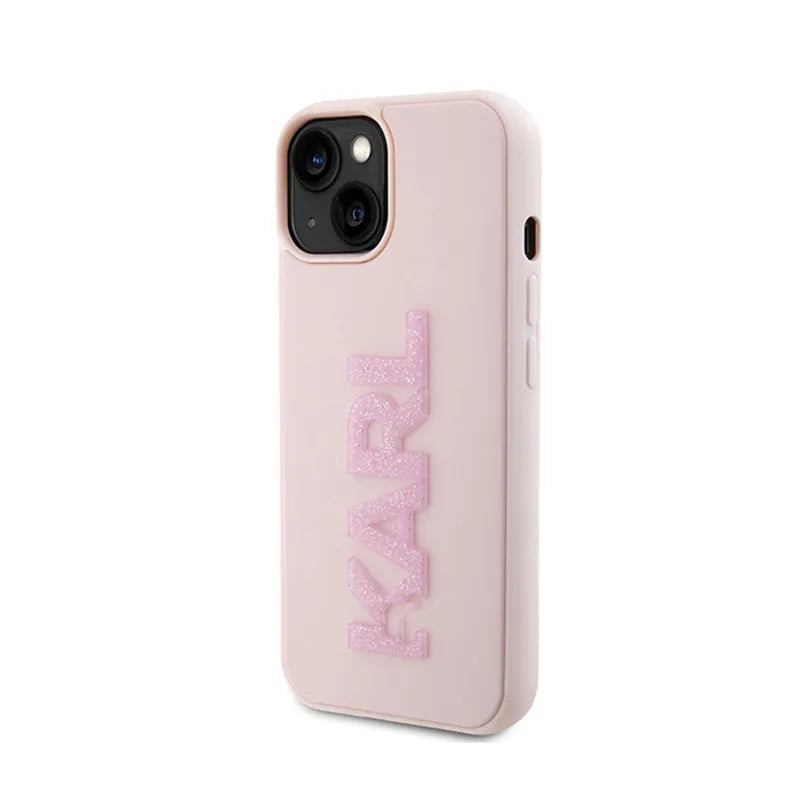 Karl Lagerfeld 3D Rubber Glitter Logo – dėklas iPhone 15 Plus (rožinis)