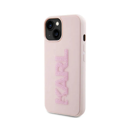 Karl Lagerfeld 3D Rubber Glitter Logo – dėklas iPhone 15 Plus (rožinis)