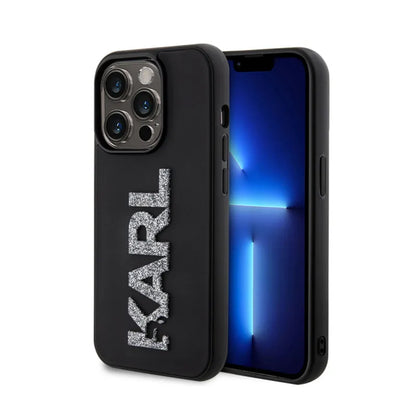 Karl Lagerfeld 3D Rubber Glitter Logo – dėklas iPhone 15 Pro Max (juoda)