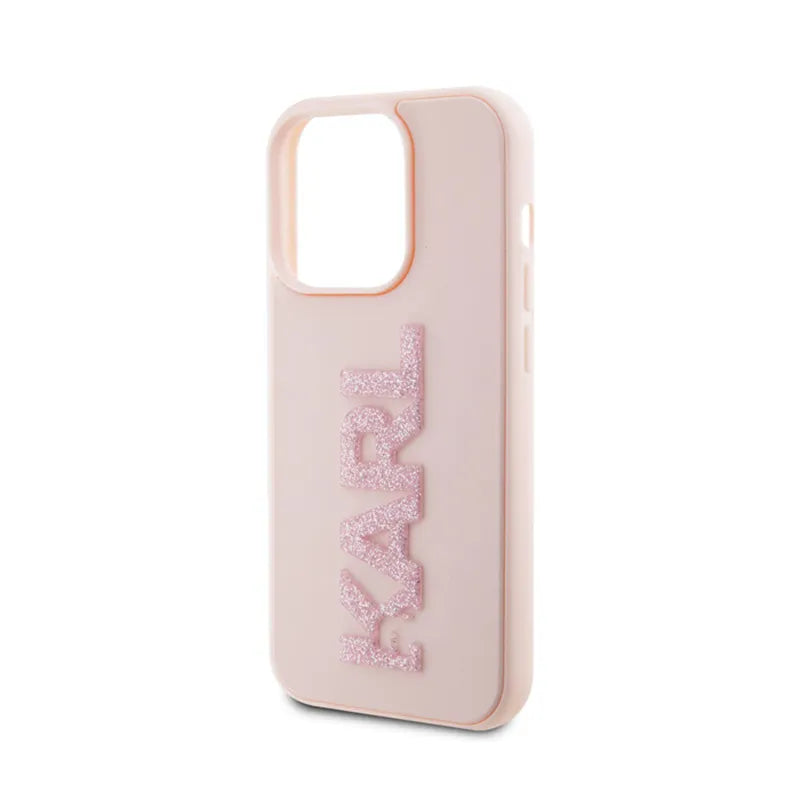 Karl Lagerfeld 3D Rubber Glitter Logo – dėklas, skirtas iPhone 15 Pro Max (rožinis)