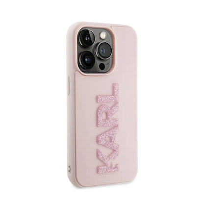 Karl Lagerfeld 3D Rubber Glitter Logo – dėklas, skirtas iPhone 15 Pro Max (rožinis)