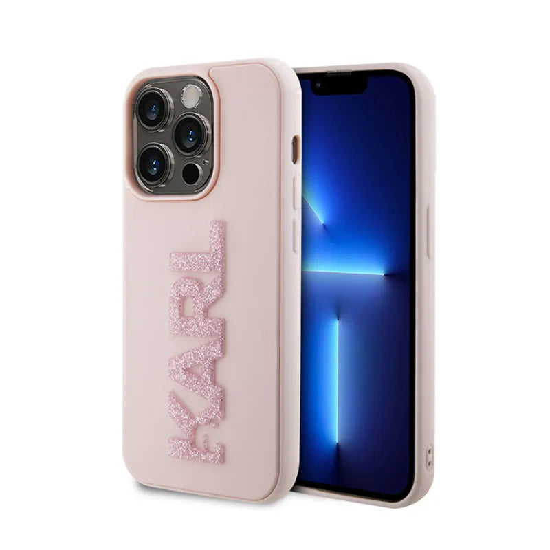 Karl Lagerfeld 3D Rubber Glitter Logo – dėklas, skirtas iPhone 15 Pro Max (rožinis)