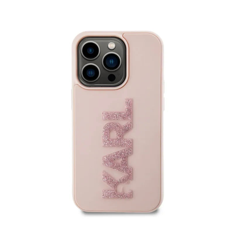 Karl Lagerfeld 3D Rubber Glitter Logo – dėklas, skirtas iPhone 15 Pro Max (rožinis)