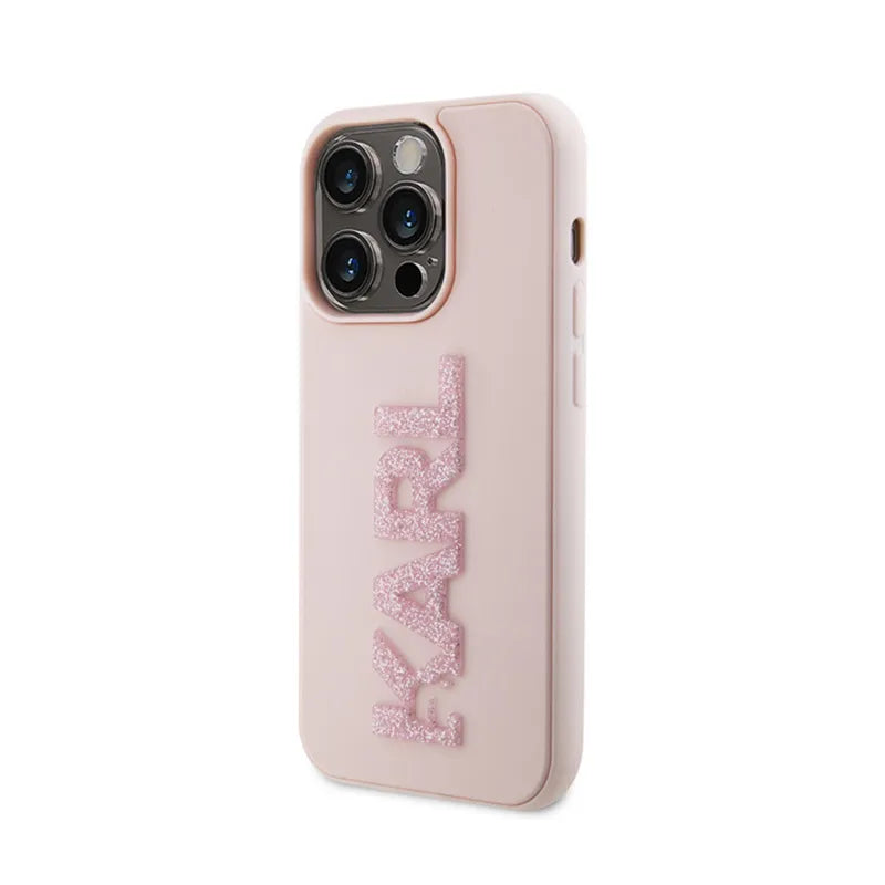 Karl Lagerfeld 3D Rubber Glitter Logo – dėklas, skirtas iPhone 15 Pro Max (rožinis)