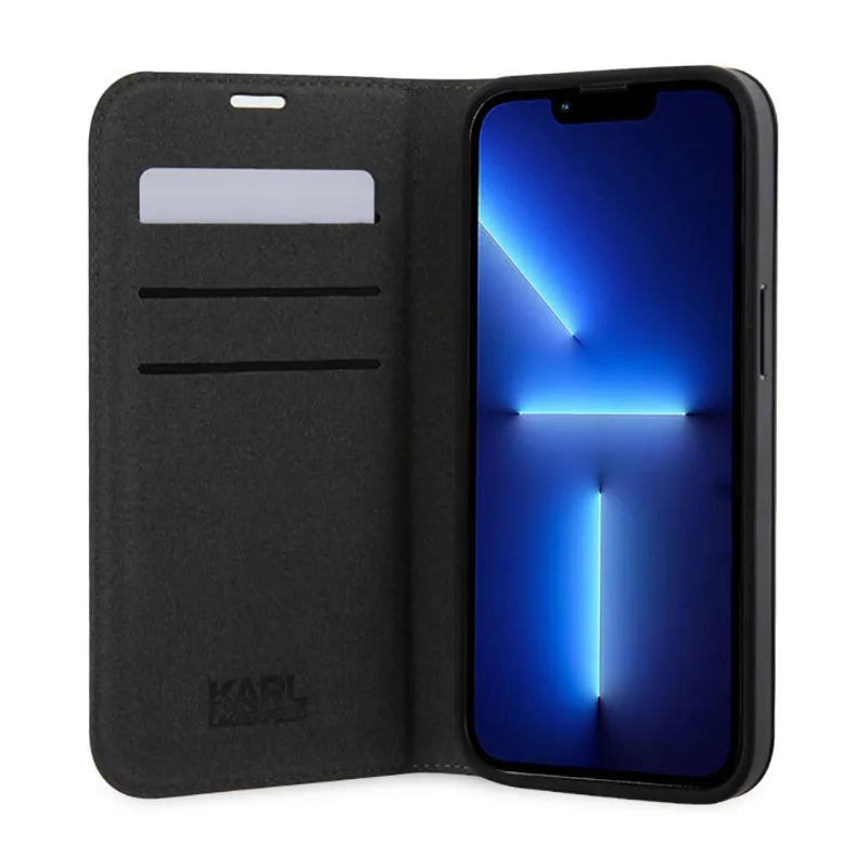 Karl Lagerfeld Booktype Saffiano Monogram - dėklas, skirtas iPhone 14 Pro Max (sidabro spalva)