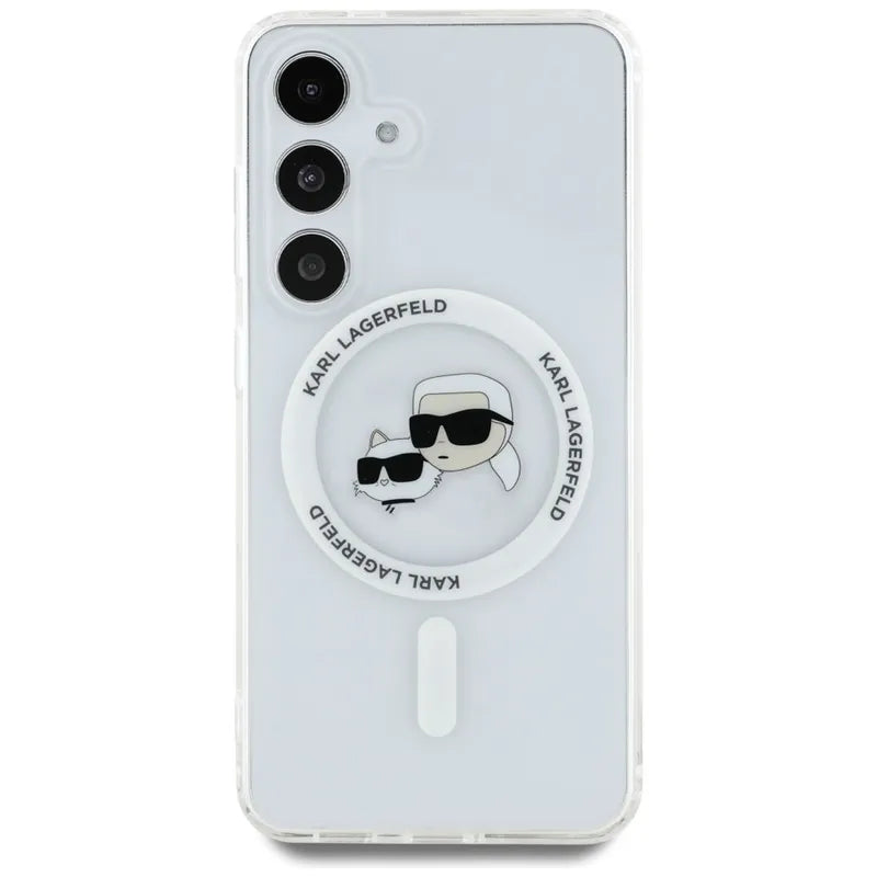 Karl Lagerfeld Button Karl & Choupette galvučių atspausdintas logotipas MagSafe – dėklas, skirtas „Samsung Galaxy S25“ (baltas)
