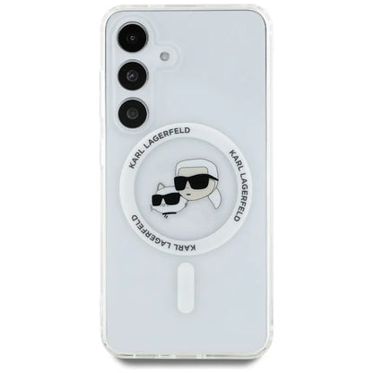 Karl Lagerfeld Button Karl & Choupette galvučių atspausdintas logotipas MagSafe – dėklas, skirtas „Samsung Galaxy S25“ (baltas)