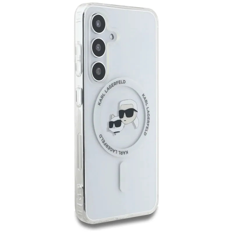Karl Lagerfeld Button Karl & Choupette galvučių atspausdintas logotipas MagSafe – dėklas, skirtas „Samsung Galaxy S25“ (baltas)