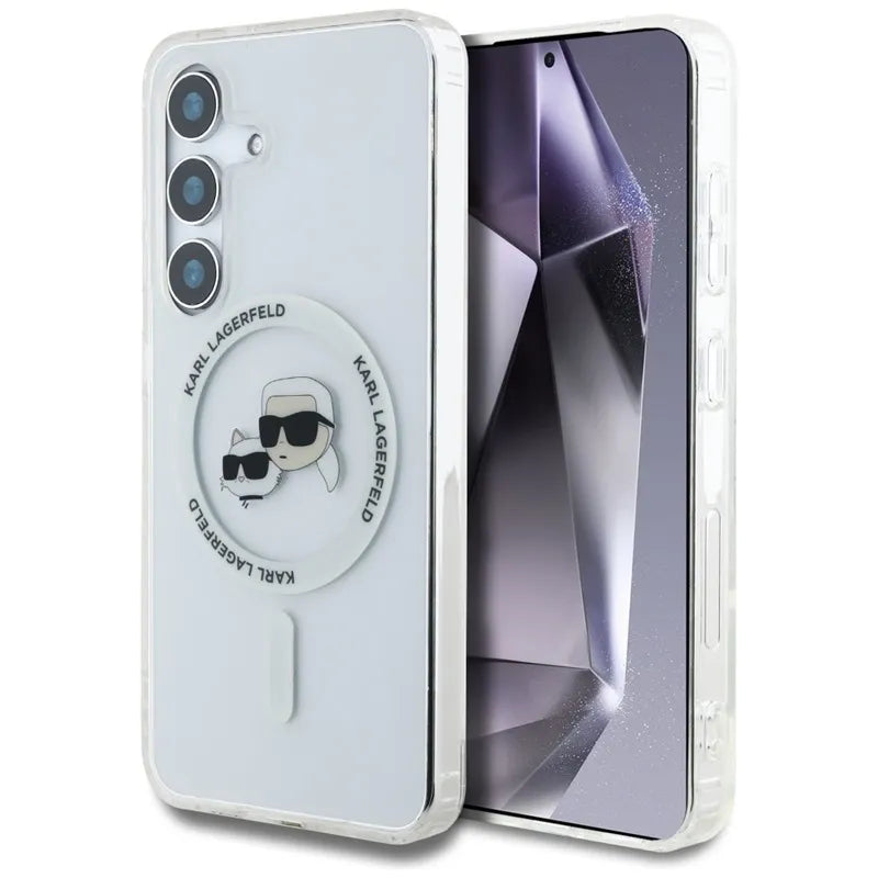 Karl Lagerfeld Button Karl & Choupette galvučių atspausdintas logotipas MagSafe – dėklas, skirtas „Samsung Galaxy S25“ (baltas)