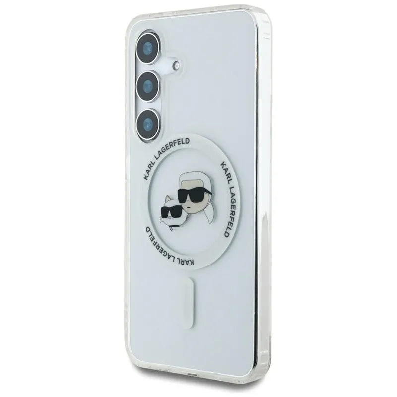Karl Lagerfeld Button Karl & Choupette galvučių atspausdintas logotipas MagSafe – dėklas, skirtas „Samsung Galaxy S25“ (baltas)