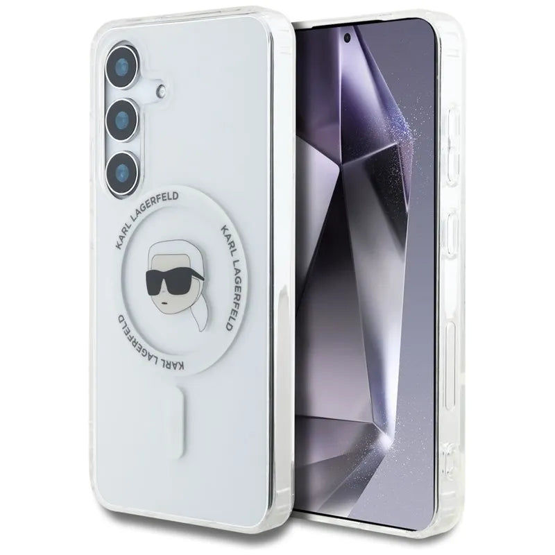 Karl Lagerfeld Button Karl Head Printed Logo MagSafe - Dėklas, skirtas Samsung Galaxy S25 (baltas)