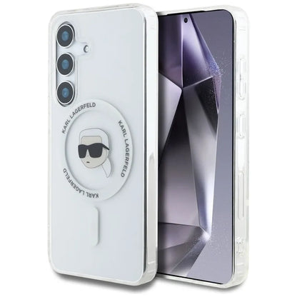Karl Lagerfeld Button Karl Head Printed Logo MagSafe - Dėklas, skirtas Samsung Galaxy S25 (baltas)
