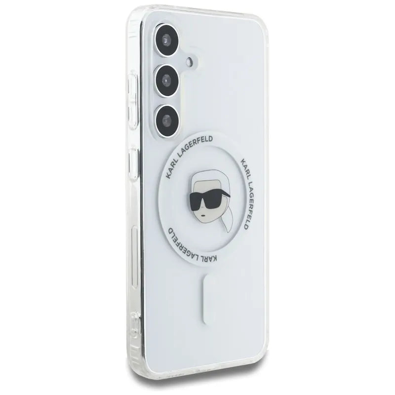 Karl Lagerfeld Button Karl Head Printed Logo MagSafe - Dėklas, skirtas Samsung Galaxy S25 (baltas)