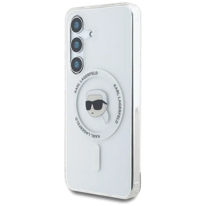 Karl Lagerfeld Button Karl Head Printed Logo MagSafe - Dėklas, skirtas Samsung Galaxy S25 (baltas)