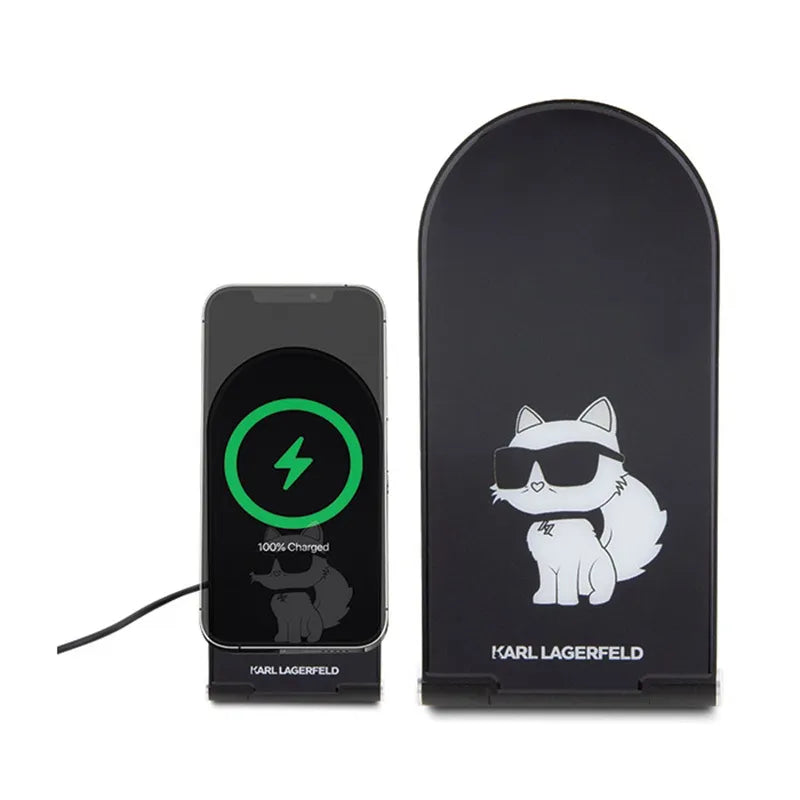 Karl Lagerfeld Choupette MagSafe – sulankstomas indukcinis 2in1 įkroviklis su MagSafe, skirtas iPhone ir AirPods 15W (juodas)