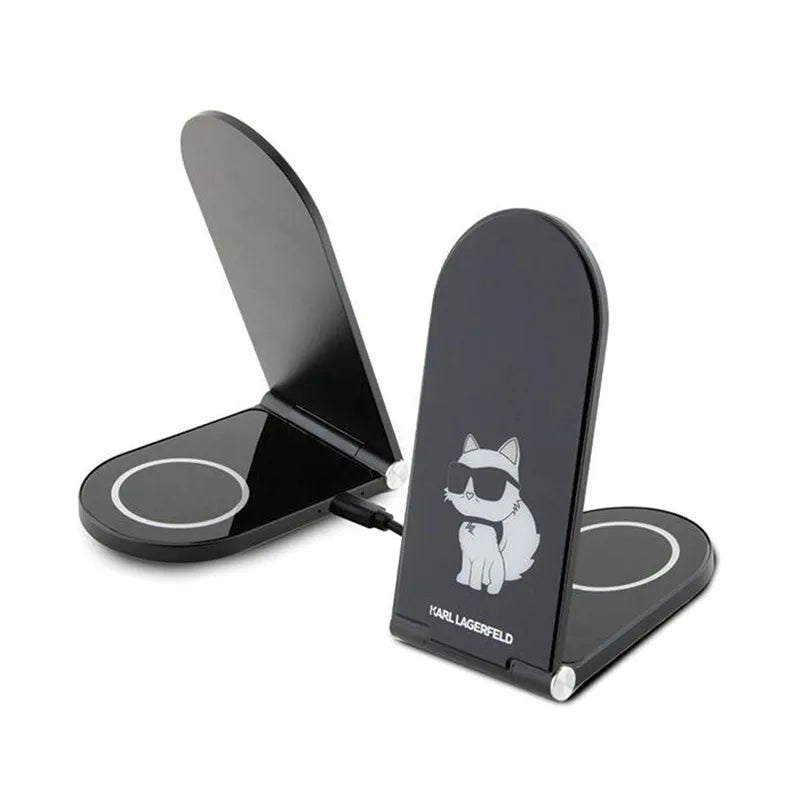 Karl Lagerfeld Choupette MagSafe – sulankstomas indukcinis 2in1 įkroviklis su MagSafe, skirtas iPhone ir AirPods 15W (juodas)