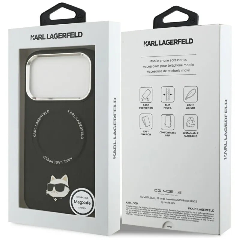 Karl Lagerfeld Choupette Pin MagSafe - Dėklas iPhone 17 Pro Max (juodas)
