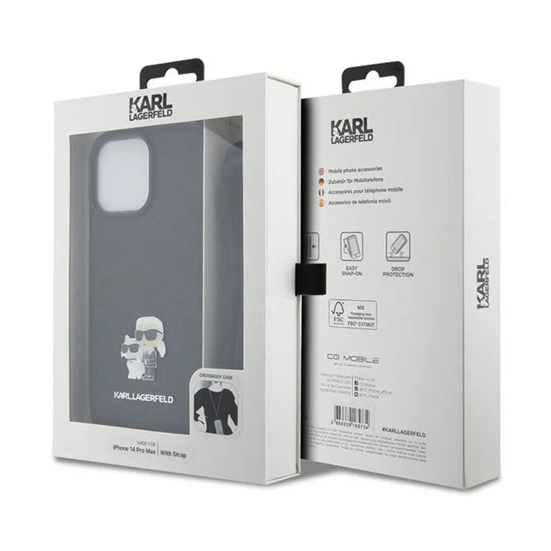 Karl Lagerfeld Crossbody Saffiano Metal Pin Karl & Choupette – dėklas, skirtas iPhone 14 Pro Max (juodas)