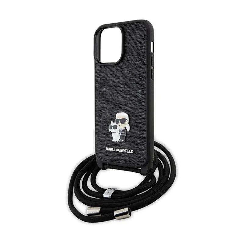Karl Lagerfeld Crossbody Saffiano Metal Pin Karl & Choupette – dėklas, skirtas iPhone 14 Pro Max (juodas)