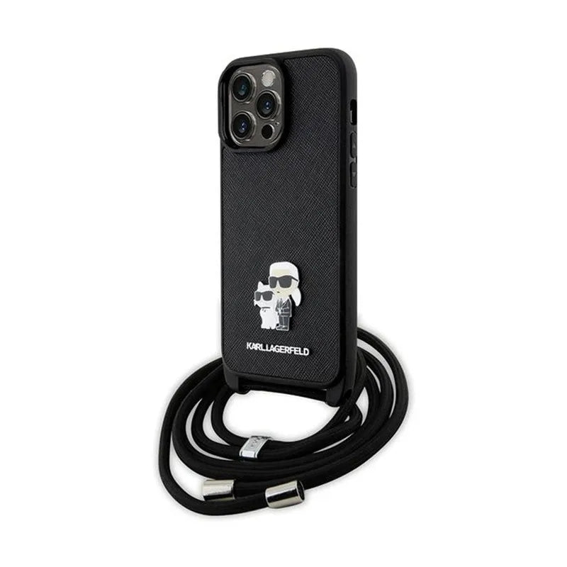 Karl Lagerfeld Crossbody Saffiano Metal Pin Karl & Choupette – dėklas, skirtas iPhone 14 Pro Max (juodas)