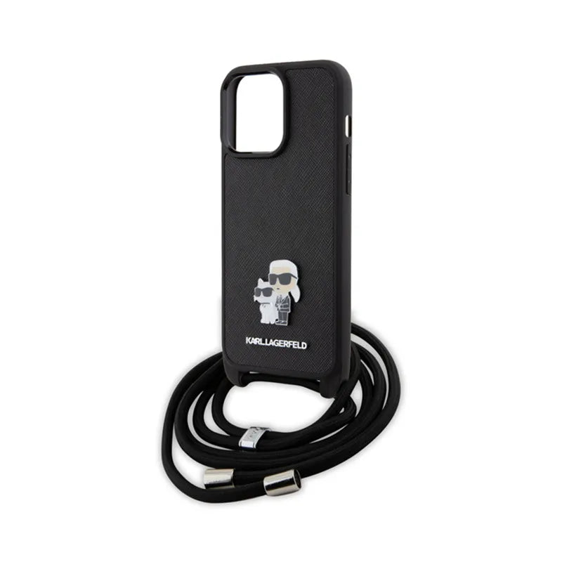 Karl Lagerfeld Crossbody Saffiano Metal Pin Karl & Choupette – dėklas, skirtas „iPhone 15 Pro Max“ (juodas)