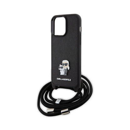 Karl Lagerfeld Crossbody Saffiano Metal Pin Karl & Choupette – dėklas, skirtas „iPhone 15 Pro Max“ (juodas)